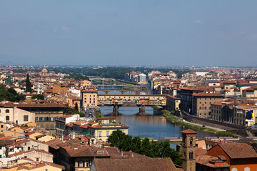 Florence city viewed from plaza de michelangelo to the river Arno, with Ponte Vecchio, Palazzo Vecchio and Cathedral of Santa Maria del Fiore (Duomo), Florence, Italyg
