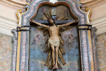 Pavia, Italy. 13 February 2017. Jesus Christ on the cross in the Duomo di Pavia (Pavia Cathedral)