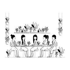 women in the table drinking coffee with house plants vector illustration design