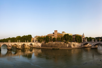 Castle of Holy Angel and Holy Angel Bridge over the Tiber River in Rome at Dawn, Italy