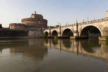 Castle of Holy Angel and Holy Angel Bridge over the Tiber River in Rome at Dawn, Italy