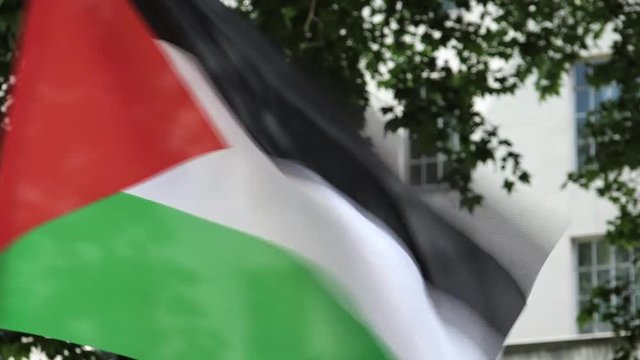 A Palestinian flag flutters in the wind in front of a building and trees.