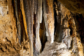 Stalactites inside Cave of the Mounds, a natural limestone cave located near Blue Mounds, Wisconsin, United States 
