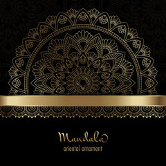 Golden vintage greeting card on a black background. Ethnic mandala pattern. Hand drawn vector illustration