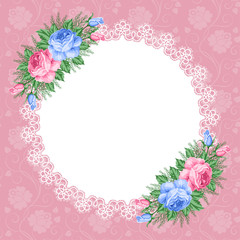 Invitation or greeting card template with roses in retro style. Vector Illustration