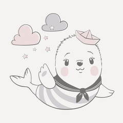 Vector illustration of a cute baby seal in sailor costume in pastel colors.