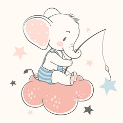 Obraz premium Ilustracja wektorowa cute słoniątka, siedząc na chmurze i łapiąc gwiazdy.