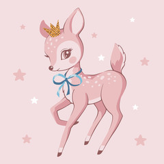Vector illustration of a cute deer with a crown on his head on a pink background.