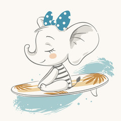 Vector illustration of a cute surfing baby elephant.