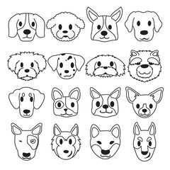 Vector set of different type dog faces cartoon style