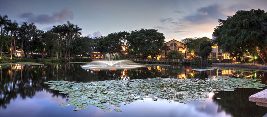 Night view Gazebo overlooking a pond and fountain at the Garden of Hope and Courage