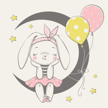 Vector illustration of a cute dreaming bunny girl, sitting on the moon.