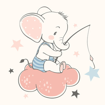 Vector illustration of a cute baby elephant, sitting on the cloud and catching stars.