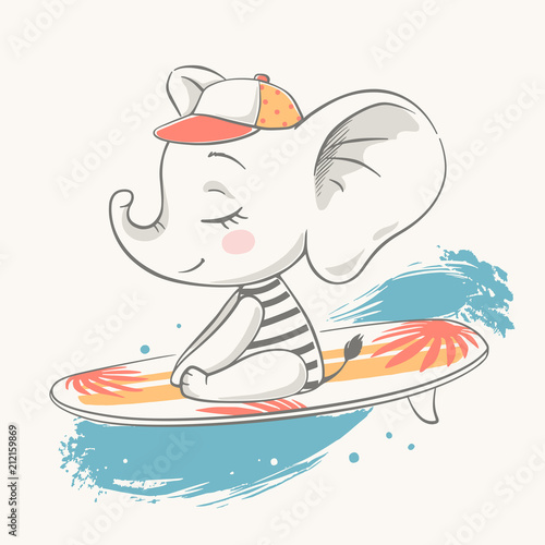 Download "Vector illustration of a cute baby elephant floating on a surfboard." Stock image and royalty ...