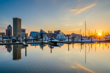 The Inner Harbor at sunrise, in Baltimore, Maryland