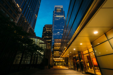 Walkway and modern buildings at night in Philadelphia, Pennsylvania.