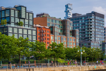 Buildings along the Hudson River Greenway in Tribeca, Manhattan, New York City.