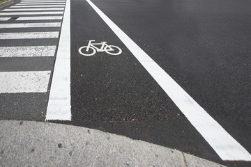 Bike lane and crosswalk on the rode in city.