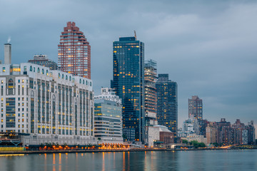 Naklejka premium Manhattan and the East River at night, seen from Roosevelt Island, in New York City.
