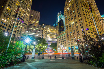Park Row at night, in Lower Manhattan, New York City