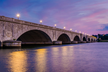 The Arlington Memorial Bridge and Potomac River at sunset, in Washington, DC.