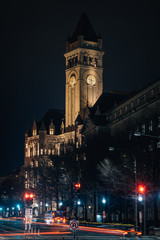 Fototapeta na wymiar The Old Post Office at night, in downtown Washington, DC.