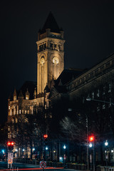 Fototapeta na wymiar The Old Post Office at night, in downtown Washington, DC.