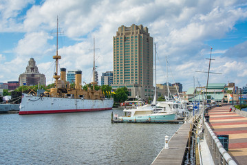 View of ships and buildings at Penns Landing, in Philadelphia, Pennsylvania.