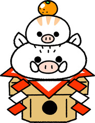 亥年の年賀状素材＿鏡餅型の白いイノシシの親子