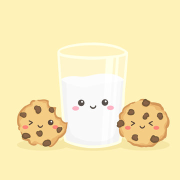 Cute Milk Glass and Cookies Choco Chips Vector Illustration Cartoon Smile