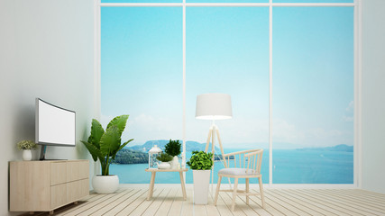 Living room with sea view and bright sky in hotel or home - Living room simple design artwork for vacation time - Summer time - 3D Rendering