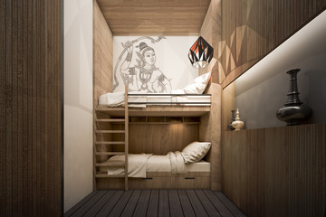 Bunk bed room with painting wall at Hostel , 3d Rendering