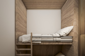 Closeup bunk bed in Cozy Hostel , 3d Rendering