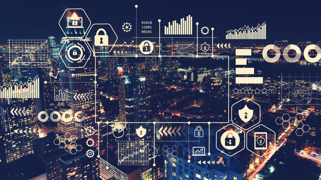 Cyber security with aerial view of Manhattan, NY skyline - Powered by Adobe