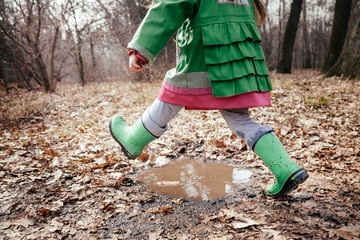 feet of a girl who jumps on puddles in rubber boots