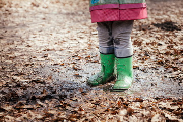 feet of a girl who jumps on puddles in rubber boots