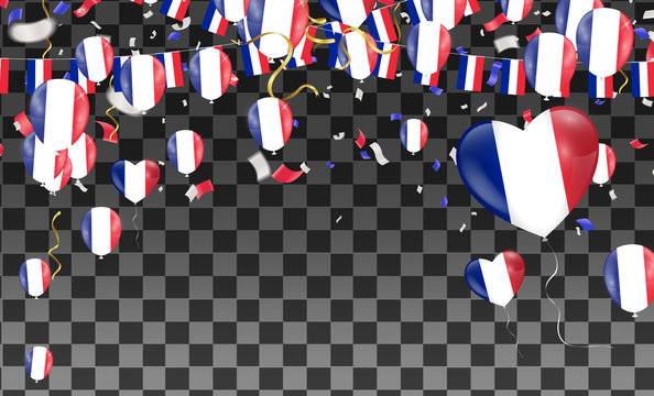 France flags and France balloons garland with confetti on white Confetti and ribbons flag ribbons, Celebration background template. victory.winner.football