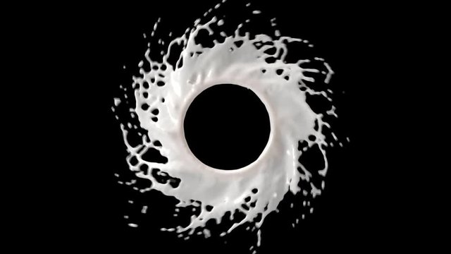 Milk spin around itself splashes out. and the hole in the center, high speed, with alpha chanel.
