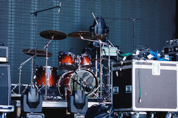 Close-up of drums on stage, preparation for concert