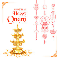 Fototapeta na wymiar Happy Onam background with rangoli and lamp