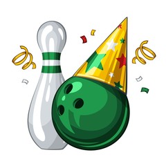 Vector illustration of bowling skittle and green bowling ball in party hat, isolated on white background. Party shiny hat with colored stars. Happy birthday 1.1