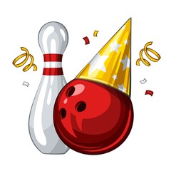 Vector illustration of bowling skittle and red bowling ball in golden party hat, isolated on white background. Party shiny hat with stars. Happy birthday 1.1