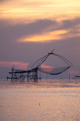 Square dip net sunrise moment phattalung Thailand