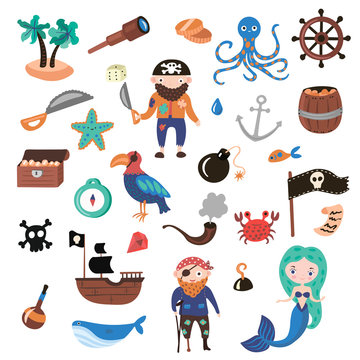 Set of Pirates vector cartoon objects. Adventures and Pirate party for Kindergarten. Children Adventure, treasure, pirates, octopus, whale, ship - Kids drawing vector cartoon objects about Pirates and