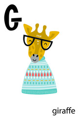 Cute vector zoo alphabet poster with cartoon animals. Set of kids abc poster in scandinavian style