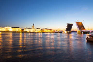 Saint Petersburg skyline at white nights with drawn Palace bridge, Peter and Paul fortress, Rostral columns and Kunstkamera, Russia