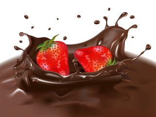 Strawberries dive into delicious chocolate liquid with splashes. Realistic 3D design.