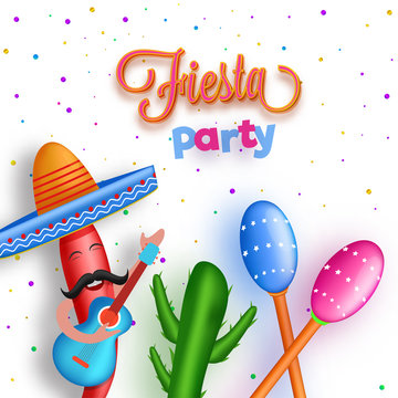 Fiesta Party flyer or banner design with cartoon character of chilli wearing sombrero hat and holding guitar on abstract white background.