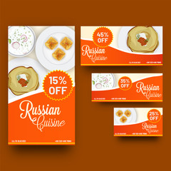 Fototapeta na wymiar Russian Cuisines template or voucher set with different discount offers.