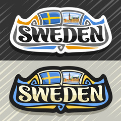 Vector logo for Sweden country, fridge magnet with swedish flag, original brush typeface for word sweden and swedish symbol - Riddarholmen church in Stockholm near river on blue cloudy sky background.